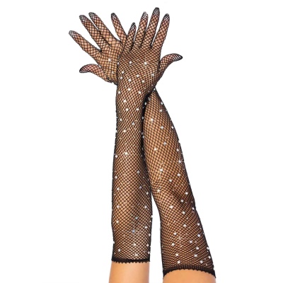 Rhinestone Fishnet Opera Length Gloves - 1