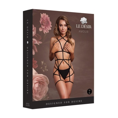 Strappy Open Cup Body Harness with Garters - One Size - Black - 1 2