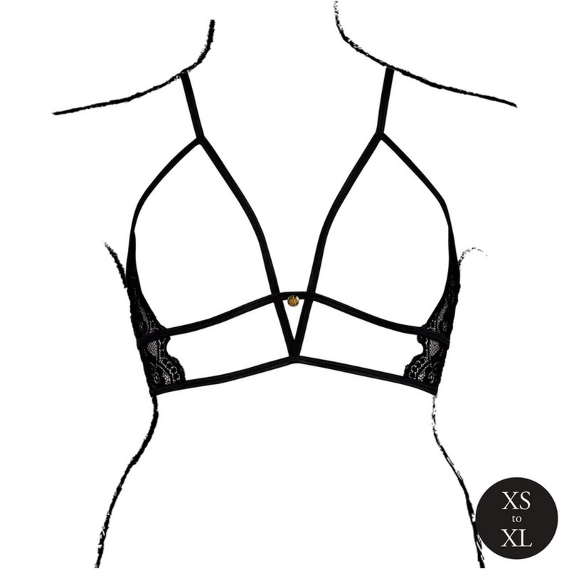 Open Cup Triangle Bra with Lace and Adjustable Sliders - One Size - Black - 4