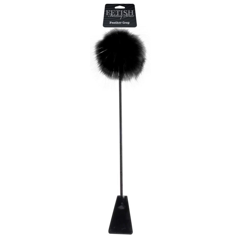 Pejcz z piórkami FFSLE Feather Crop Black – dwufunkcyjny tickler i packa, 51 cm - 1