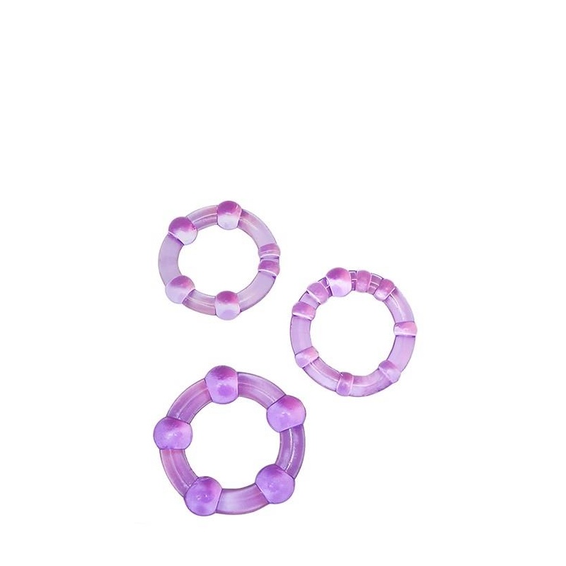 Pierścienie erekcyjne Beaded Cockrings Purple - trzy rozmiary, kulkowe wypustki, TPE, średnica wewnętrzna 3,1-3,8 cm - 3