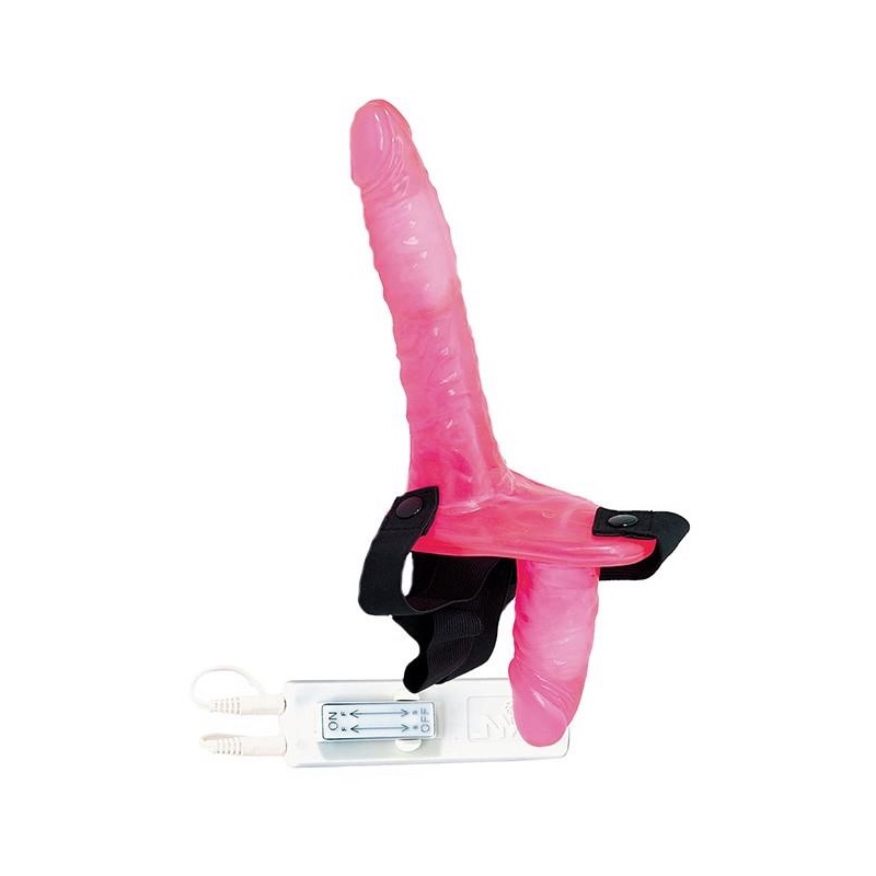 Strap-on z podwójnym penisem Joyride Duo Pink - niezależna regulacja wibracji, 10 cm i 18 cm - 2