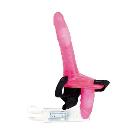 Strap-on z podwójnym penisem Joyride Duo Pink - niezależna regulacja wibracji, 10 cm i 18 cm - 2