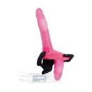 Strap-on z podwójnym penisem Joyride Duo Pink - niezależna regulacja wibracji, 10 cm i 18 cm - 2