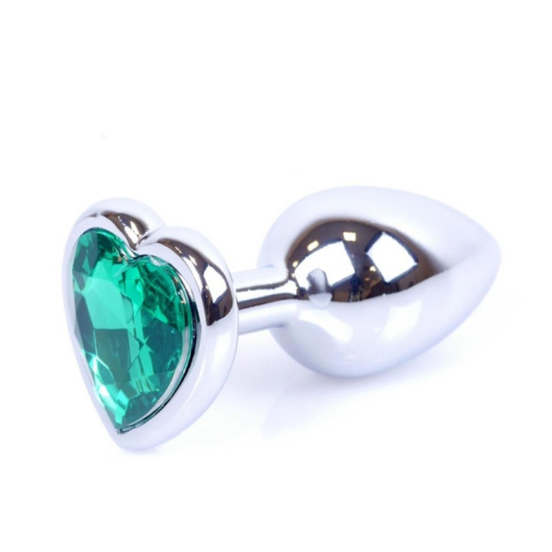 Biżuteria analna Silver Heart Plug - stal nierdzewna z zielonym kryształem, długość 7 cm, średnica 2,7 cm - 1