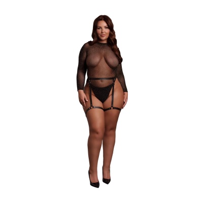 Shimmering Open-Back Bodysuit with PU Leather Garters - Plus Size - Black/Gold Glitter - 1