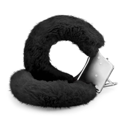 Kajdanki futrzane Love Cuffs czarne – regulowane (13-16 cm), z szybkim otwieraniem - 1