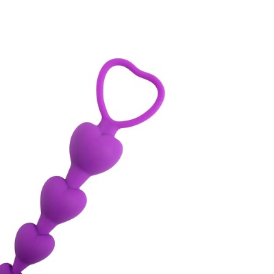 Koraliki analne Fantasy Anal Beads Purple Heart – silikon, 6 sercowatych elementów, dł. całkowita 18 cm, użytkowa 14,5 cm, szer. - 1 2
