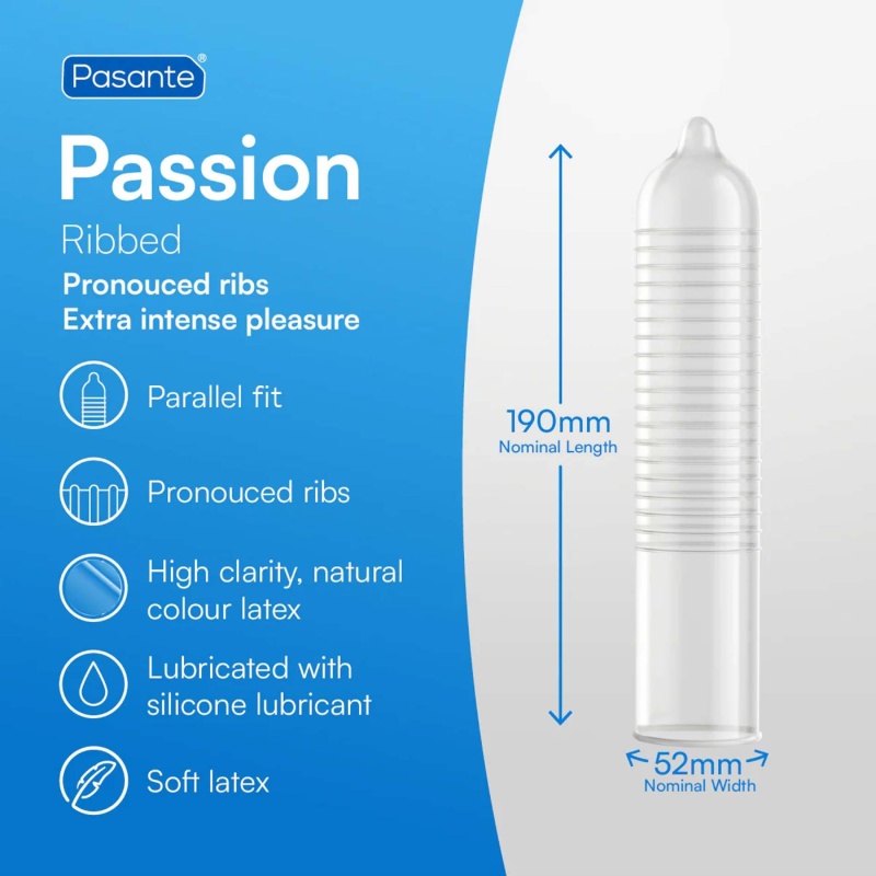 Prezerwatywy Pasante Ribbed Passion 52 mm (standard) 19 cm, prążkowane - 3