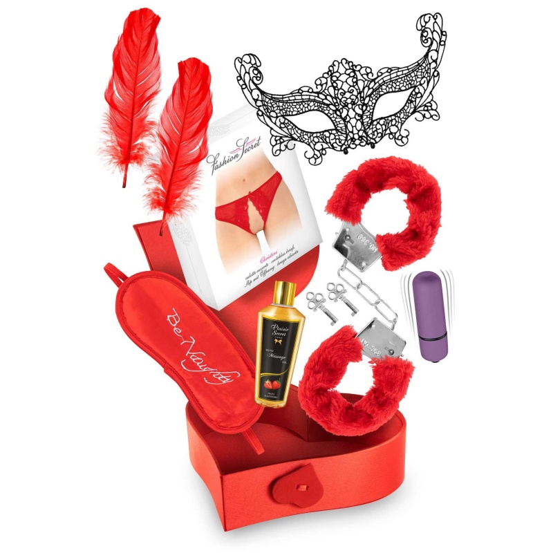 Zestaw erotyczny Pleasure Box 3 - mini wibrator 6 cm, maska, olejek do masażu i akcesoria BDSM - 1