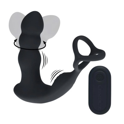 Dual Vibrating Remote Rotating Head Silicone Prostate Stimulator with Cock and Ball Ring - Black - 1