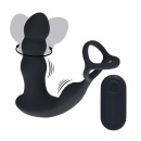 Dual Vibrating Remote Rotating Head Silicone Prostate Stimulator with Cock and Ball Ring - Black - 1