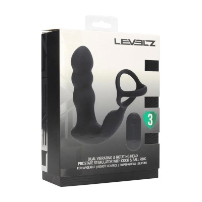 Dual Vibrating Remote Rotating Head Silicone Prostate Stimulator with Cock and Ball Ring - Black - 1 2