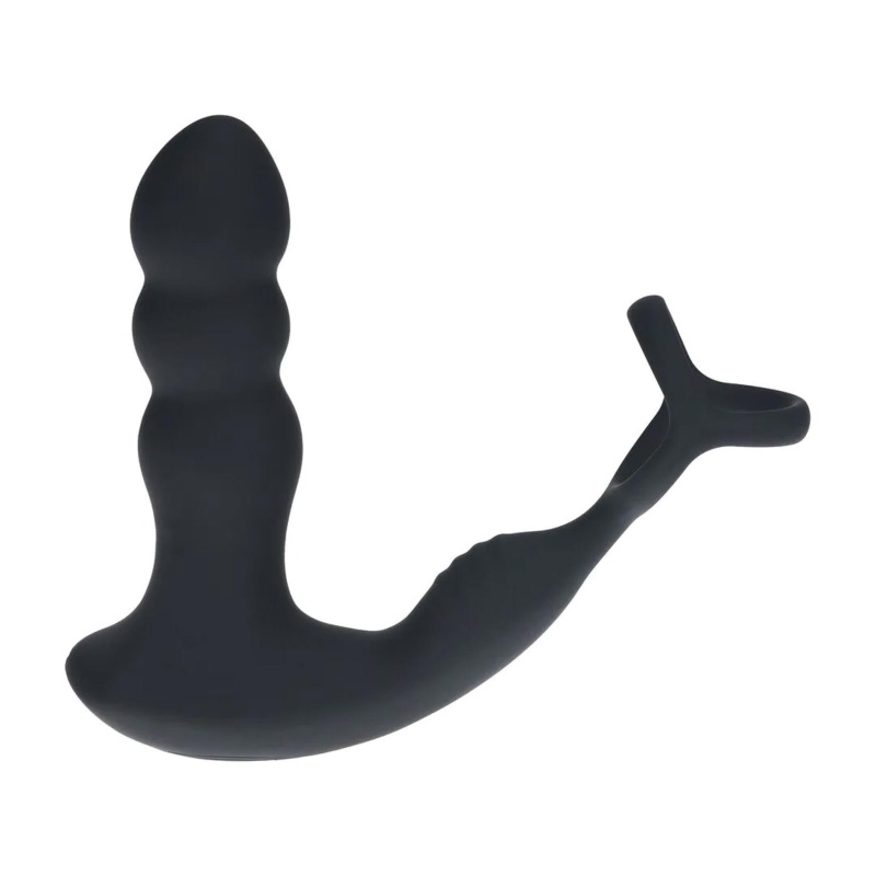 Dual Vibrating Remote Rotating Head Silicone Prostate Stimulator with Cock and Ball Ring - Black - 4