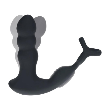 Dual Vibrating Remote Rotating Head Silicone Prostate Stimulator with Cock and Ball Ring - Black - 6