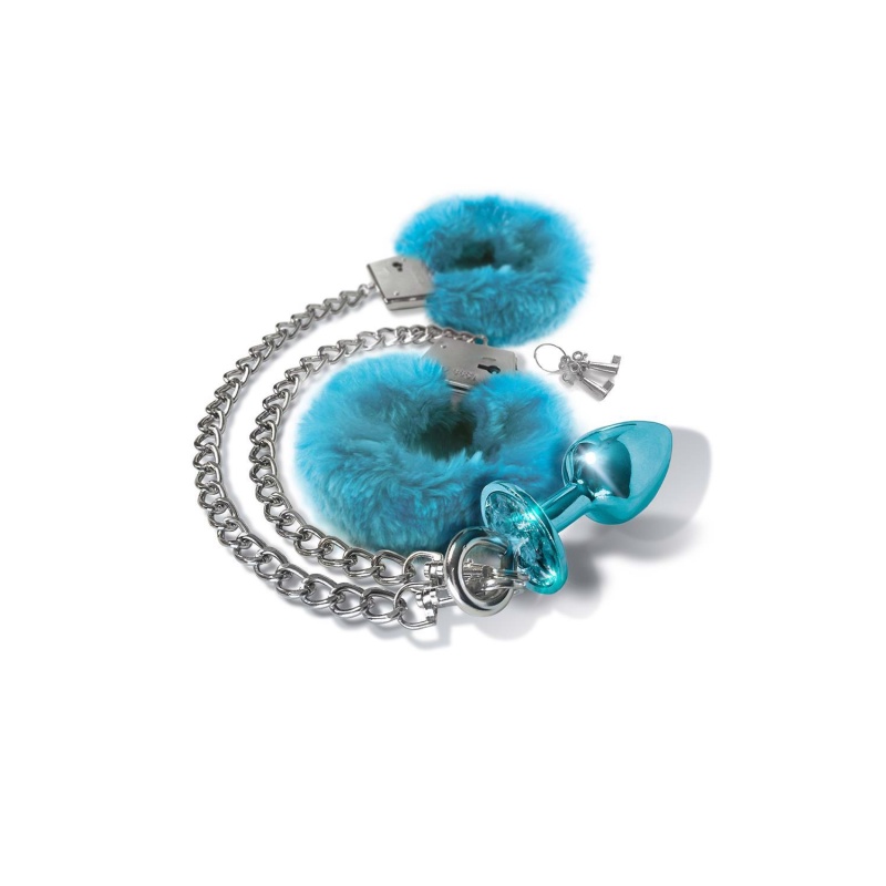 NIXIE METAL BUTT PLUG & FURRY HANDCUFF SET, MEDIUM,Â BLUE METALLIC - 2