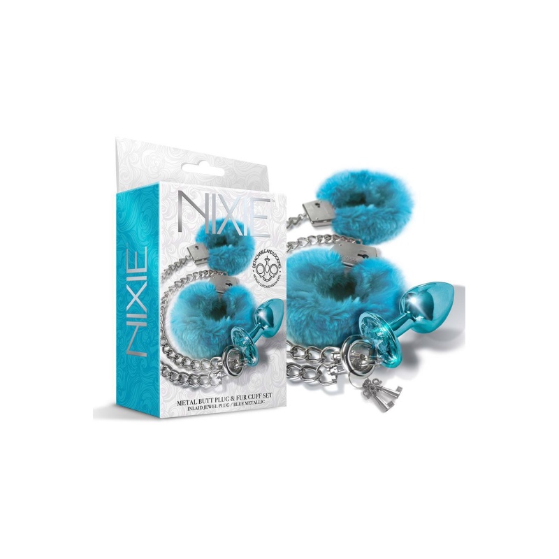 NIXIE METAL BUTT PLUG & FURRY HANDCUFF SET, MEDIUM,Â BLUE METALLIC - 3