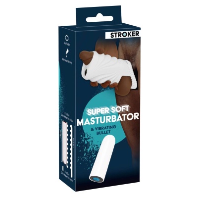 Masturbator Stroker Soft & Stretchy — rękaw TPE 12,5 cm, pierścień na jądra 4,5 cm i wibrobullet 10 trybów - 1