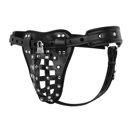 Pas cnoty Chastity Cage Panty Black - eko-skóra, regulowane paski z otworami, zintegrowana klatka, metalowy karabińczyk - 3