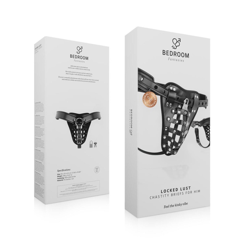 Pas cnoty Chastity Cage Panty Black - eko-skóra, regulowane paski z otworami, zintegrowana klatka, metalowy karabińczyk - 7