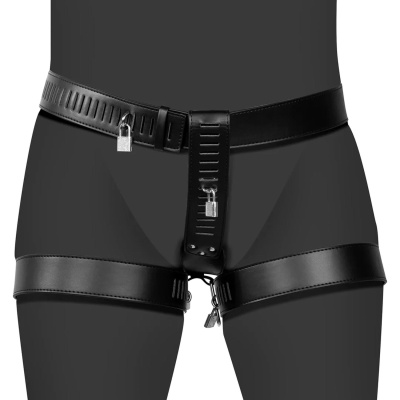 PU Leather Female Chastity Belt with Leg Restraint - Black - 1