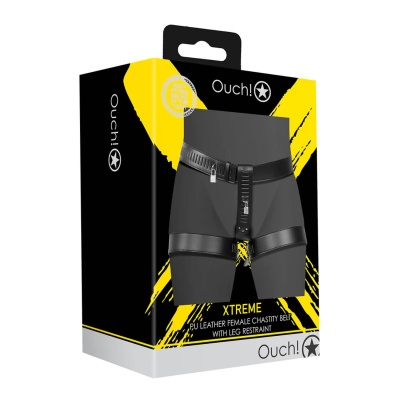 PU Leather Female Chastity Belt with Leg Restraint - Black - 1 2