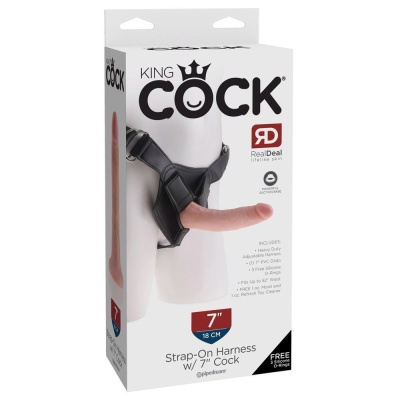Strap-On King Cock z odpinanym dildo 7-calowym i regulowaną uprzężą z 3 pierścieniami, długość całkowita 20 cm, obwód bioder do - 1