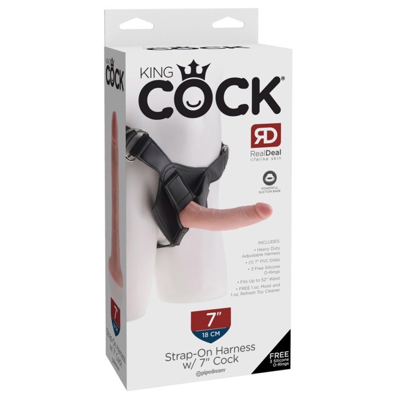 Strap-On King Cock z odpinanym dildo 7-calowym i regulowaną uprzężą z 3 pierścieniami, długość całkowita 20 cm, obwód bioder do - 1