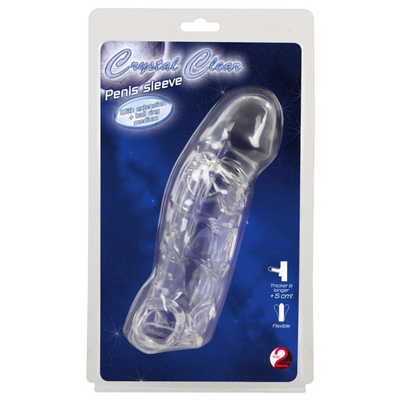 Nakładka na penisa Crystal Clear z przedłużeniem 5,2 cm i pierścieniem na jądra, TPE, 19,2 cm - 1