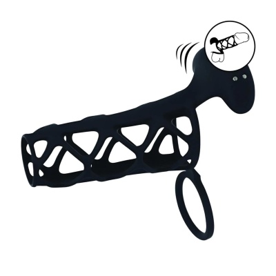 Vibrating Cage Silicone Cock Sleeve and Ball Ring - Black - 1