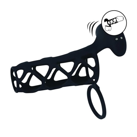Vibrating Cage Silicone Cock Sleeve and Ball Ring - Black - 1