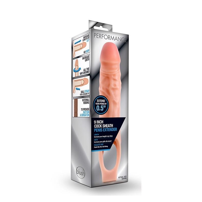 Nakładka Wydłużająca Penisa Performance 11,5" - Żeberkowana Osłona TPE z Paskiem na Mosznę, 21,6 cm - 1