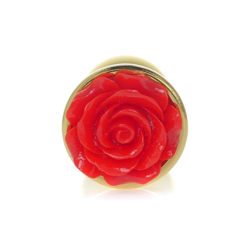 Biżuteria analna Jewellery Gold PLUG ROSE Red - stal nierdzewna, anatomiczny kształt, wąska szyjka i podstawa z różą, dł. 7 cm, - 1