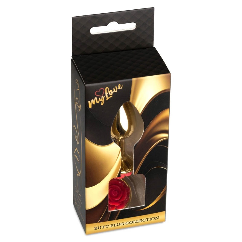 Biżuteria analna Jewellery Gold PLUG ROSE Red - stal nierdzewna, anatomiczny kształt, wąska szyjka i podstawa z różą, dł. 7 cm, - 8