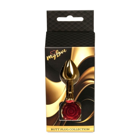 Biżuteria analna Jewellery Gold PLUG ROSE Red - stal nierdzewna, anatomiczny kształt, wąska szyjka i podstawa z różą, dł. 7 cm, - 9