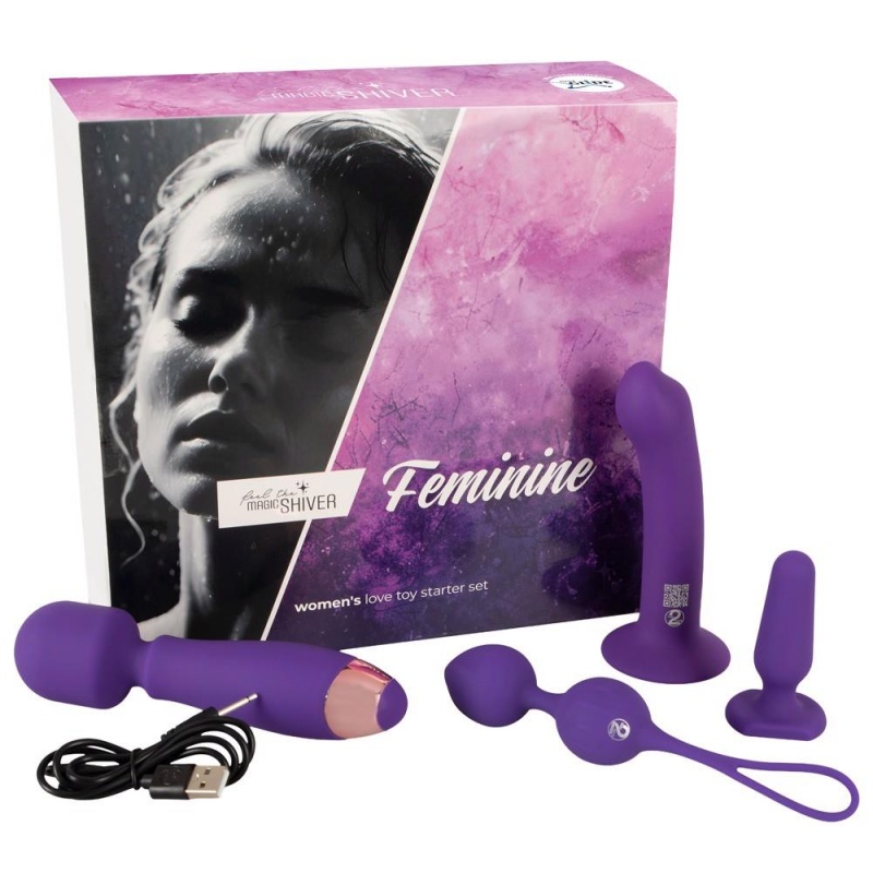 Zestaw erotyczny Magic Shiver Feminine – 4 silikonowe akcesoria dla kobiet: dildo z przyssawką 16,6 cm, korek analny 5 cm, kulki - 1