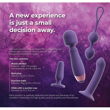 Zestaw erotyczny Magic Shiver Feminine – 4 silikonowe akcesoria dla kobiet: dildo z przyssawką 16,6 cm, korek analny 5 cm, kulki - 5